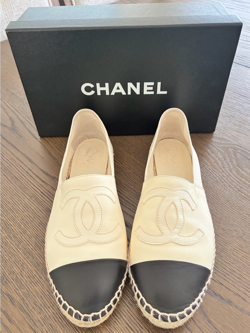 CHANEL Two-Tone Espadrille Flats - Cream & Black Size 41